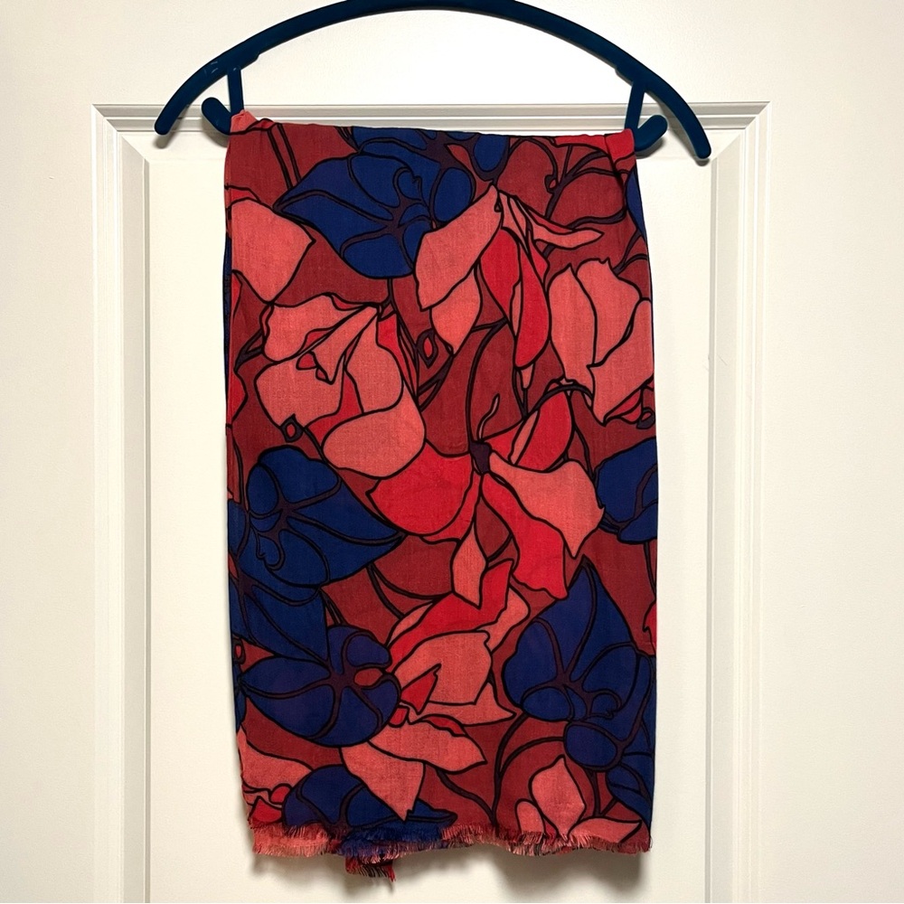 Stained Glass Floral Scarf Crimson Red Blue Soft Vibrant Stylish Statement Wrap